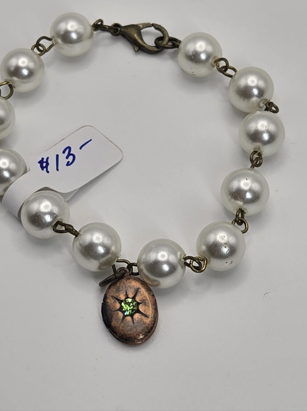 Locket Bracelet Faux Pearls Bronze Finnish Handmade Clasp